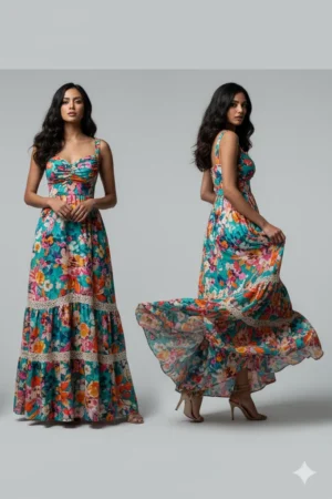 Multi-Coloured Printed Flared Long Kota Kurta